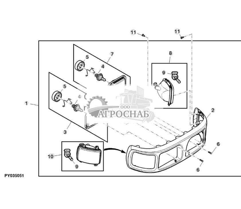 Передние фары, с угловым фонарем, передняя решетка, правостороннее движение 